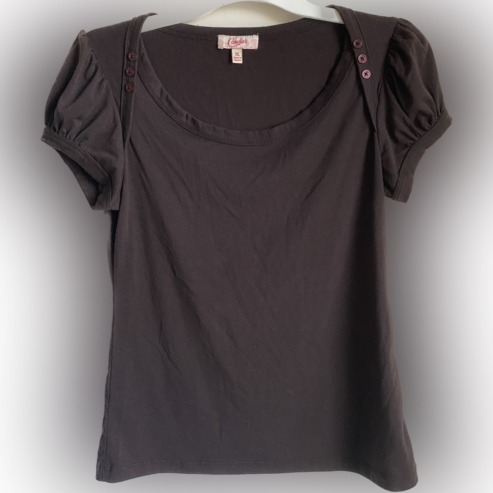 Vintage Y2K Candies Baby Tee with Ruffled Cap Sleeves and Tiny Button Accents XL